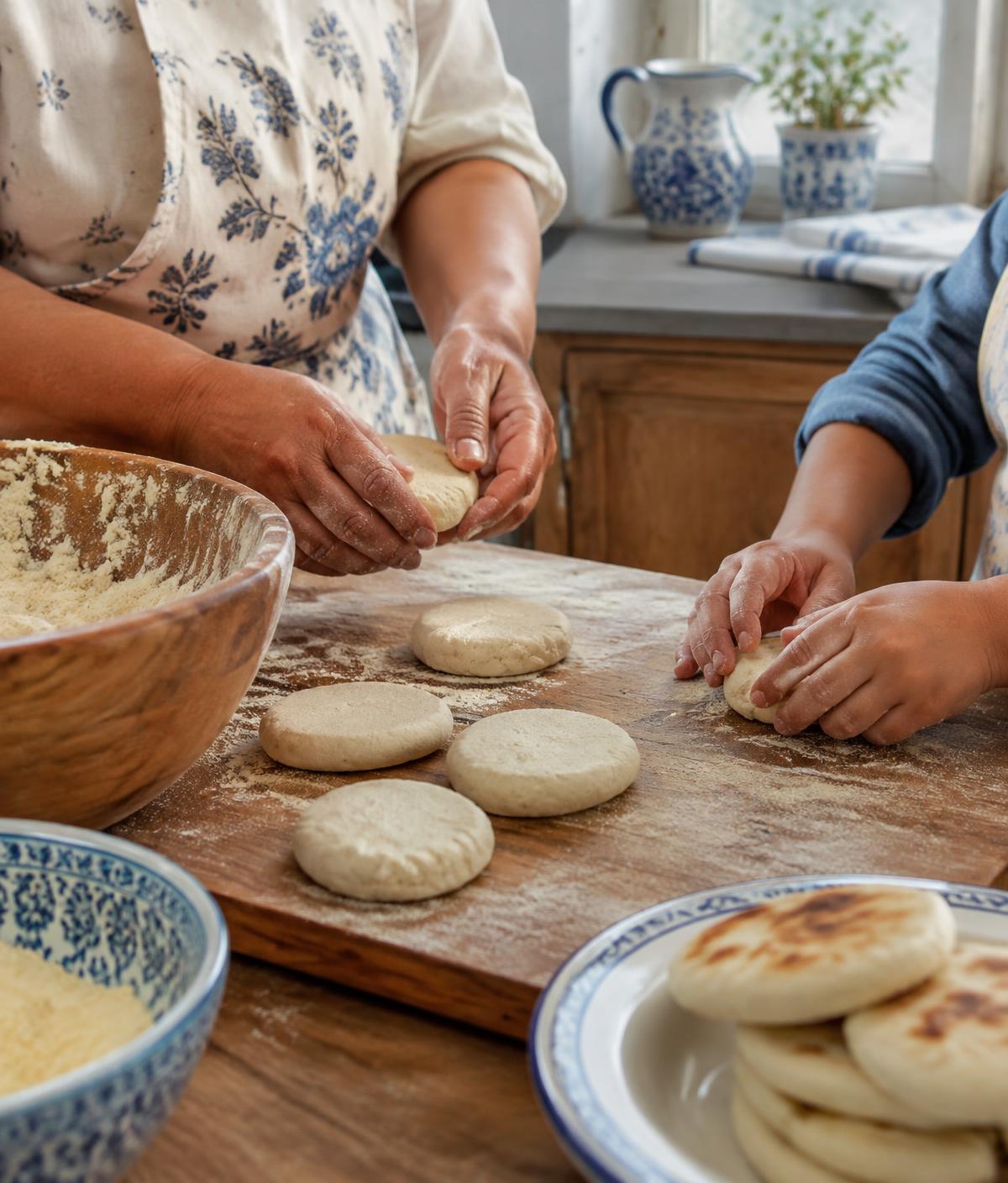 Hands shaping fresh arepa dough